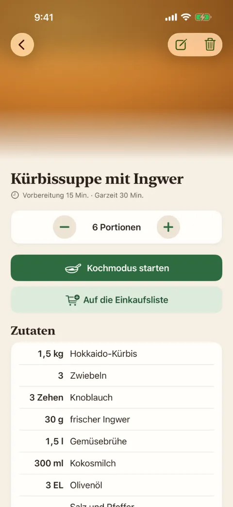 Kürbissuppe mit Ingwer in Kochzettel, auf 6 Portionen gestellt, mit den Knöpfen „Kochmodus starten“ und „Auf die Einkaufsliste“, darunter die Zutaten mit Mengen.