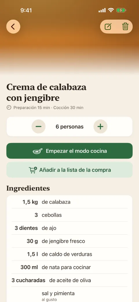 Captura de Kochzettel. Una crema de calabaza con jengibre, para 6 personas. Debajo, los botones para empezar el modo cocina y para añadirla a la lista de la compra, y después los ingredientes con sus cantidades.